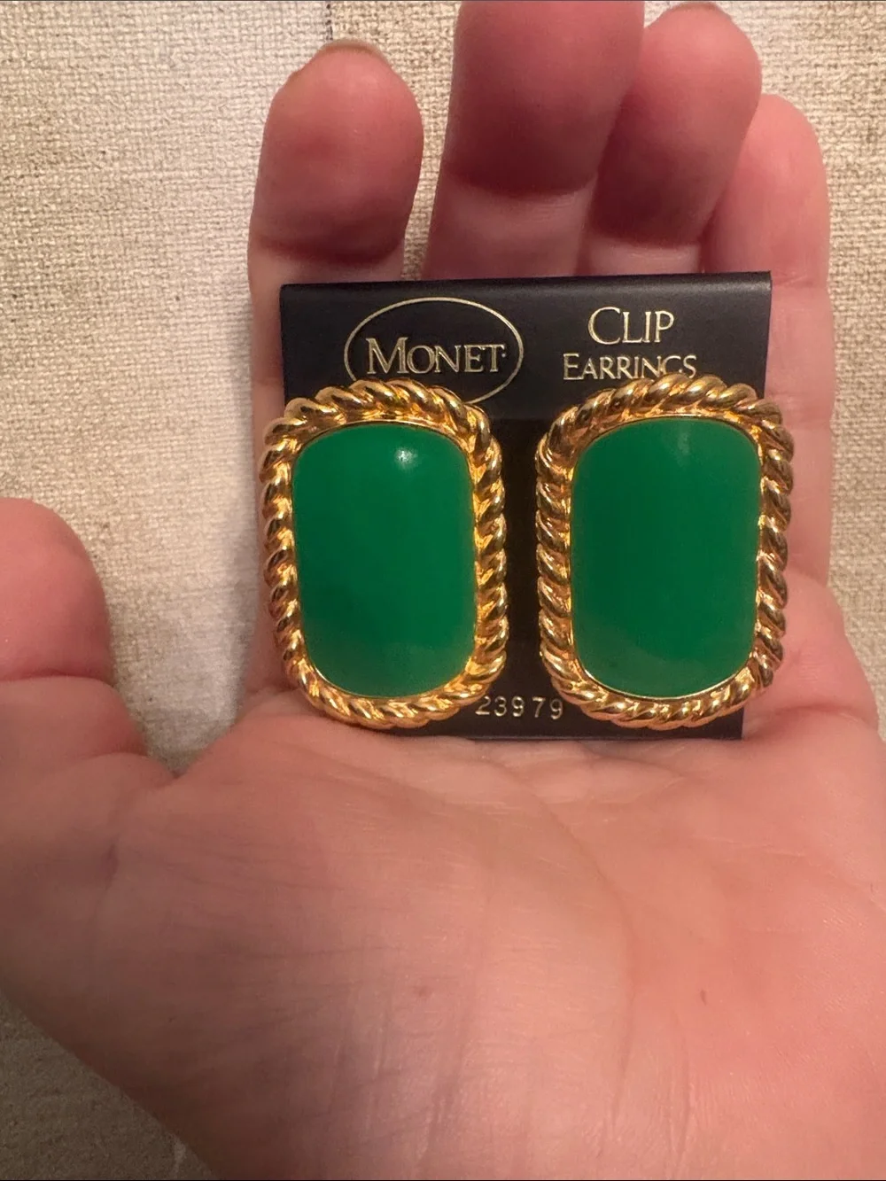 Deadstock Mint Monet Gold-Tone Clip Earrings with Green Enamel Centers